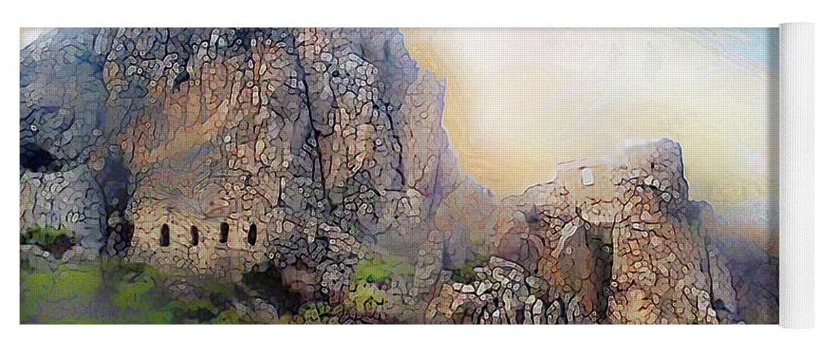 Ancient Lands Yoga Mat featuring the painting Mystic ruins in the mist by Bonnie Marie