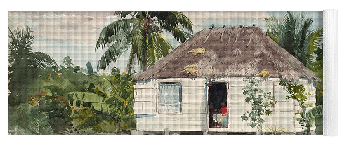 Winslow Homer Yoga Mat featuring the drawing Native hut at Nassau by Winslow Homer
