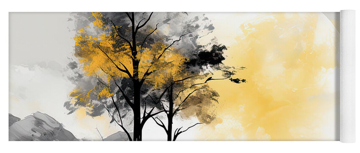 Yellow And Gray Yoga Mat featuring the painting Neutral Grace - Yellow and Grey Art by Lourry Legarde