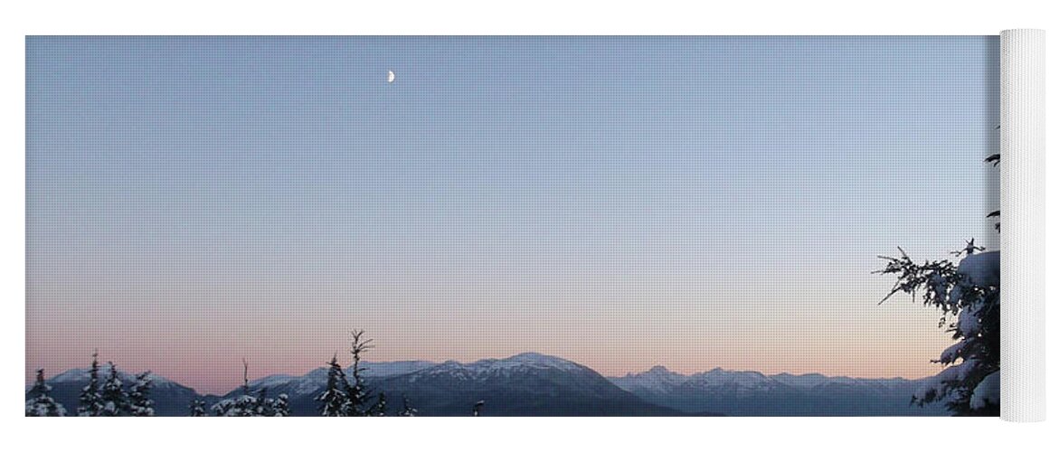 #evening #dusk #sunset #moon #alaska #juneau #ak #cruise #tours #vacation #peaceful #moon #camping #snow #winter #cold Yoga Mat featuring the photograph Nightfall at John Muir cabin by Charles Vice