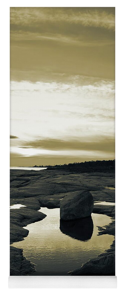 Abstract Yoga Mat featuring the photograph Nightfall at the rocky shore of the Baltic Sea - duotone by Ulrich Kunst And Bettina Scheidulin