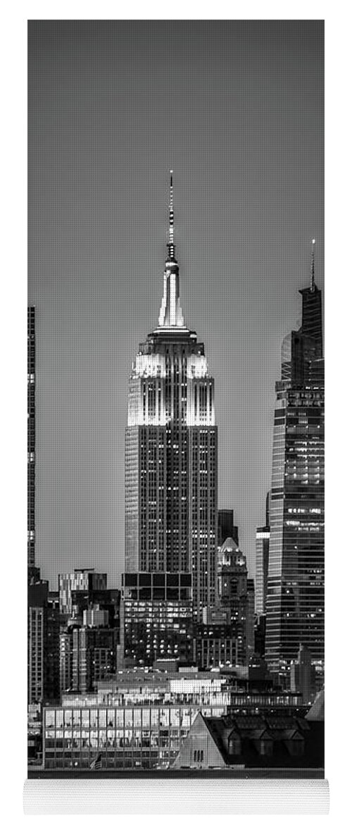 Empire State Yoga Mat featuring the photograph NJ and New York City Skyline BW by Susan Candelario