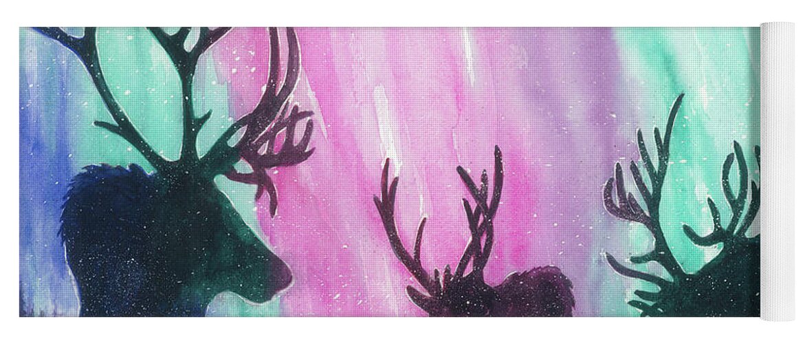 Reindeer Yoga Mat featuring the painting North Pole Nightlife by Lori Taylor