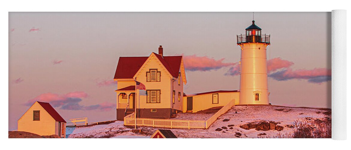 Light Yoga Mat featuring the photograph Nubble Light at Sunset by Paul Mangold