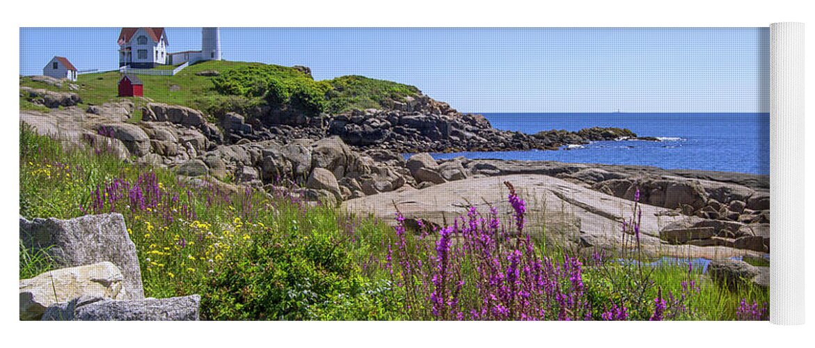 Maine Yoga Mat featuring the photograph Nubble Light Flowers by Chris Whiton