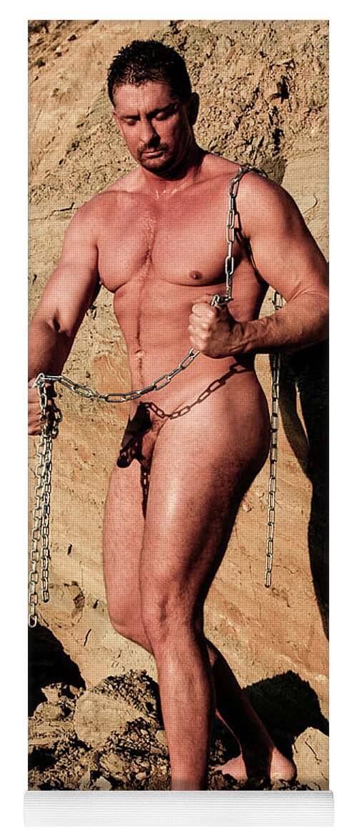 Nude Yoga Mat featuring the photograph Nude male bodybuilder breaking chains by Gunther Allen