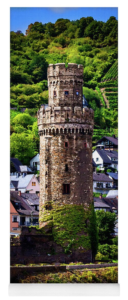 Oberwesel Yoga Mat featuring the digital art Oberwesel Town Wall Guard Tower, Watercolor on Sandstone by Ron Long Ltd Photography