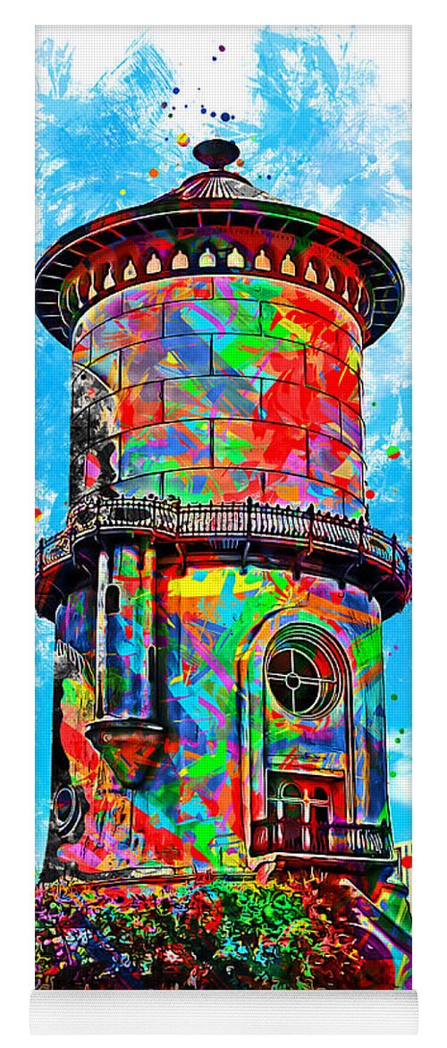 Old Water Tower Yoga Mat featuring the digital art Old Fresno Water Tower - colorful painting by Nicko Prints