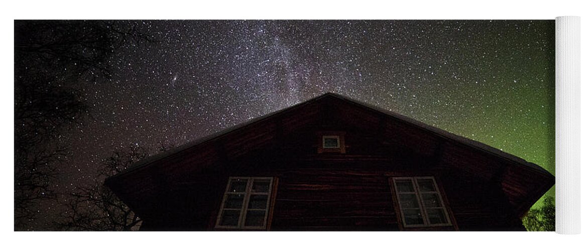 House Yoga Mat featuring the photograph Old House under a Sky with Stars and Northern Lights by Pekka Sammallahti