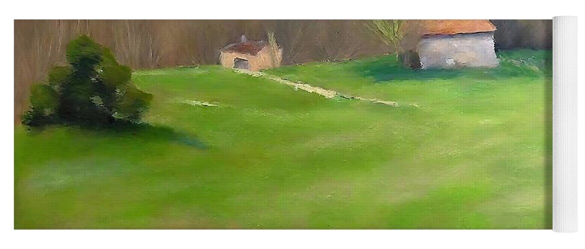 Limousin Yoga Mat featuring the painting Old Houses in the Limousin countryside Painting limousin vegetation landscape panoramic france alla prima old houses field of grass stone barns impressionism impressionist abstract acrylic air art by N Akkash