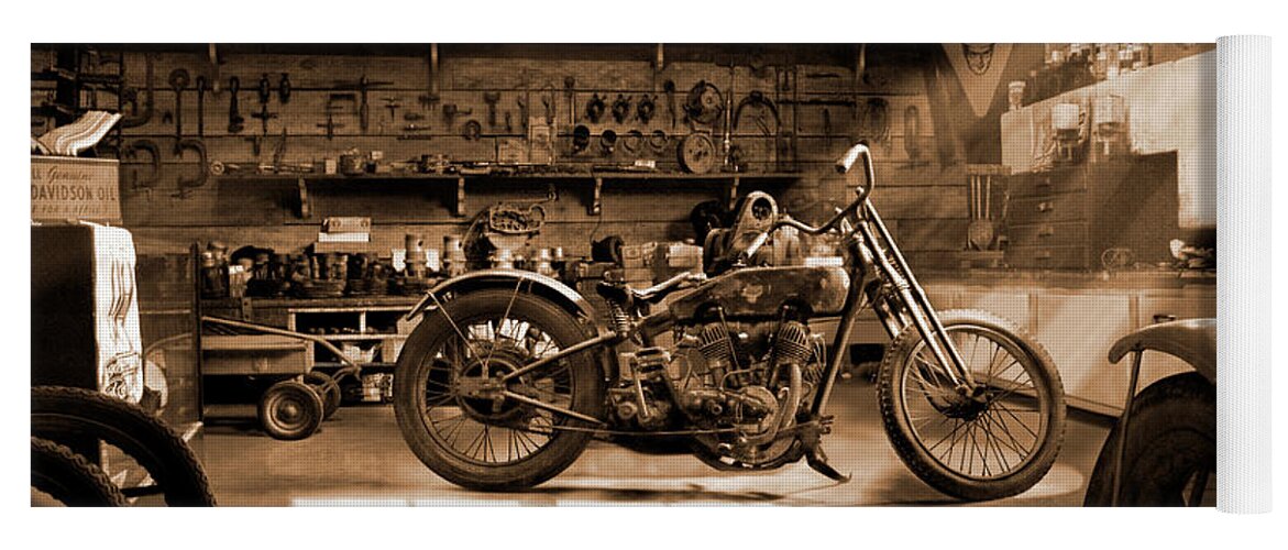 Motorcycle Shop Tools Parts Motorbikes Wheels Motors Sepia Black & White Wagon Engine Block Cylinder Heads Signs Wind Shields Gas Tanks Sun Beams Yoga Mat featuring the photograph Old Motorcycle Shop 3P by Mike McGlothlen