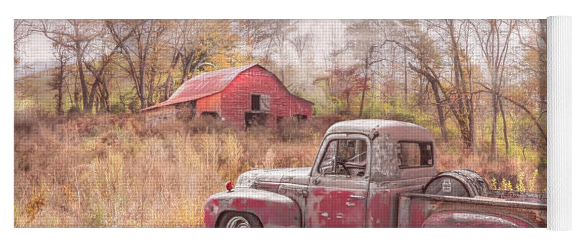 Barns Yoga Mat featuring the photograph Old Rusty Truck along the Autumn Backroads in Country Colors by Debra and Dave Vanderlaan