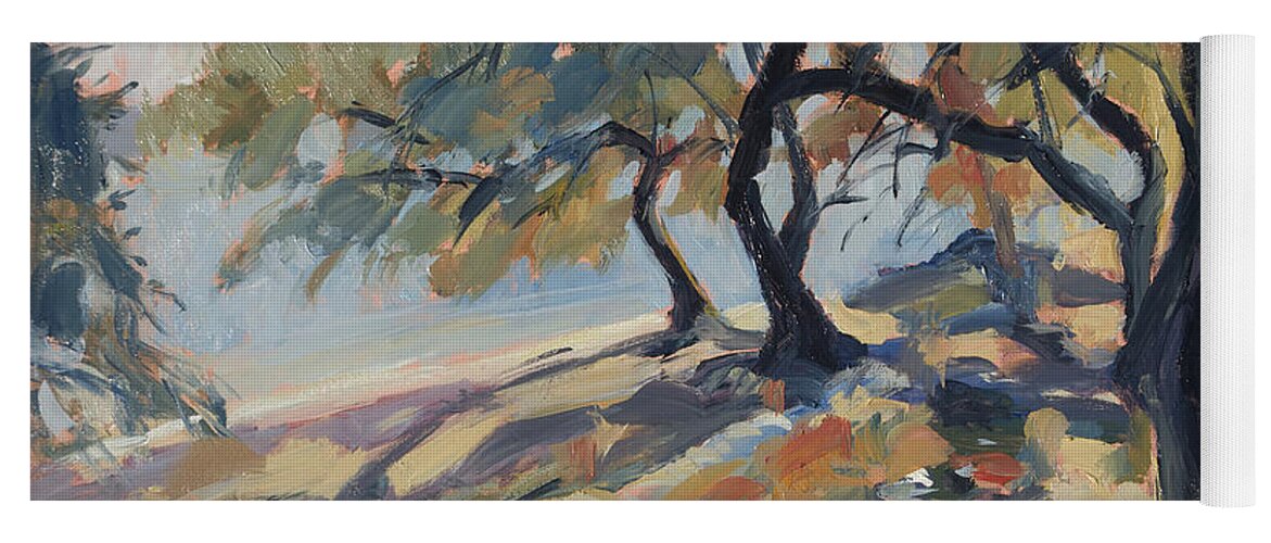 Paxos Yoga Mat featuring the painting Olive trees at Marmari beach on Paxos by Nop Briex