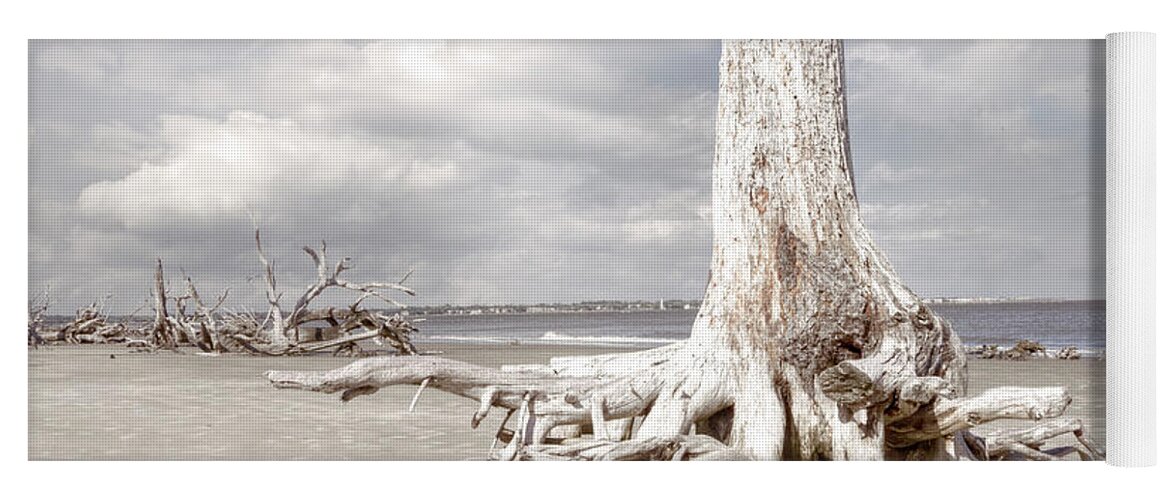 Clouds Yoga Mat featuring the photograph On Driftwood Beach at Low Tide in Beachhouse Hues by Debra and Dave Vanderlaan
