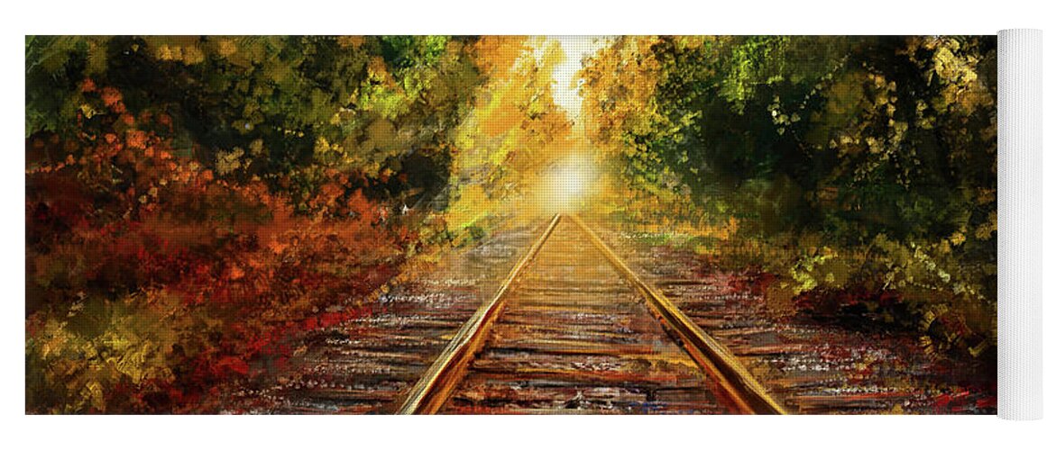 Railway Yoga Mat featuring the painting On The Track To Paradise - Railways and Railroad Artwork by Lourry Legarde