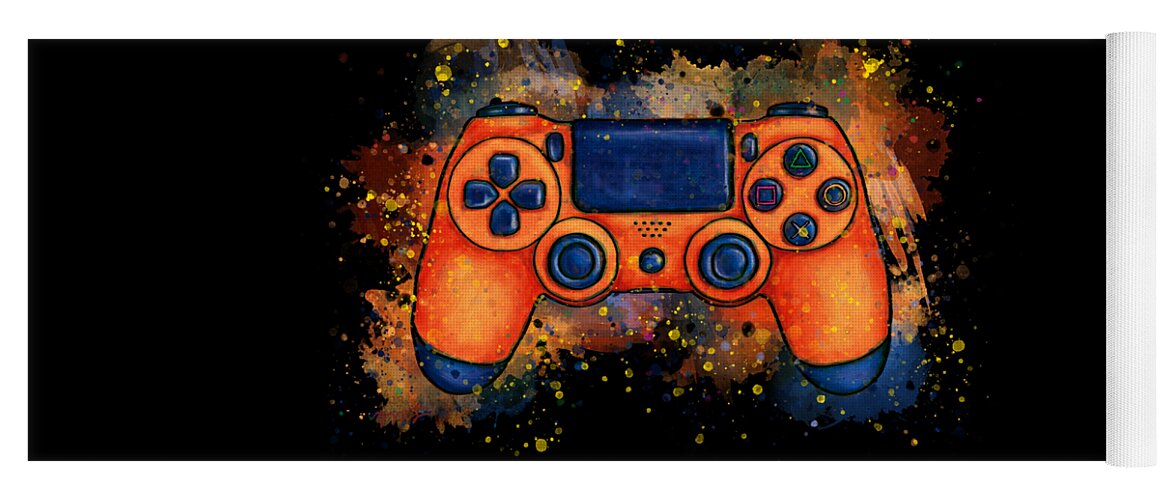 Gaming Yoga Mat featuring the painting Orange game controller splatter art, gaming by Nadia CHEVREL