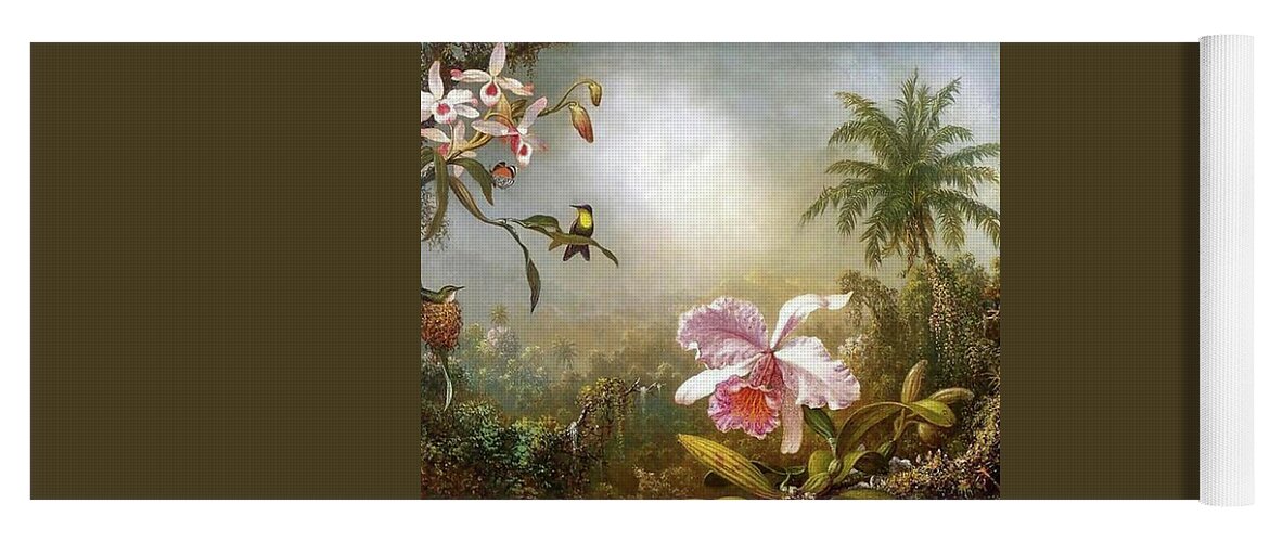 Martin Johnson Heade Yoga Mat featuring the painting Orchids Nesting Hummingbirds And A Butterfly by Martin Johnson Heade