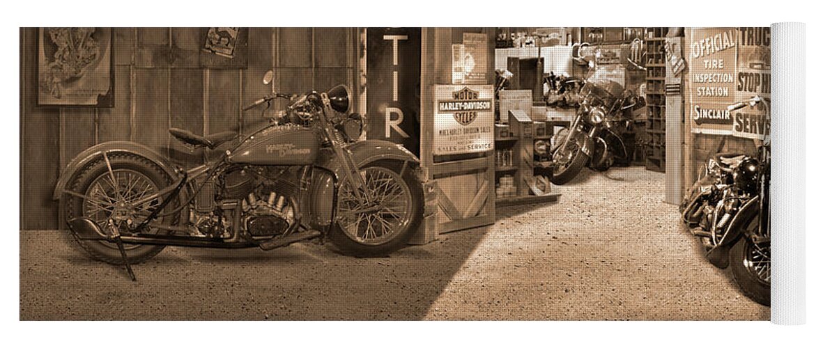 Motorcycle Yoga Mat featuring the photograph Outside The Old Motorcycle Shop - Spia by Mike McGlothlen
