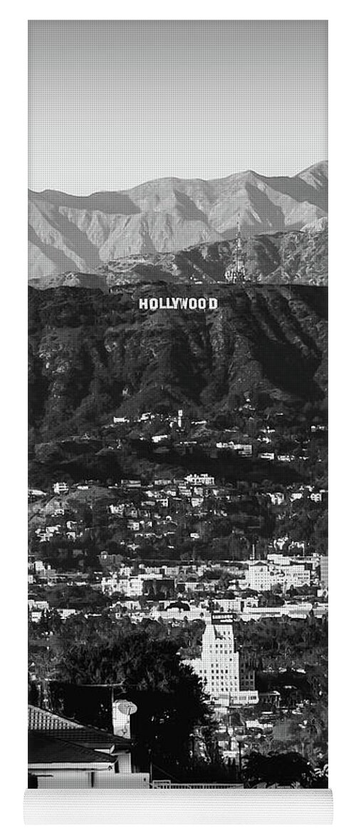 Hollywood Hills Yoga Mat featuring the photograph Overlooking Hollywood Hills And The Santa Monica Mountains - Black and White Edition by Gregory Ballos