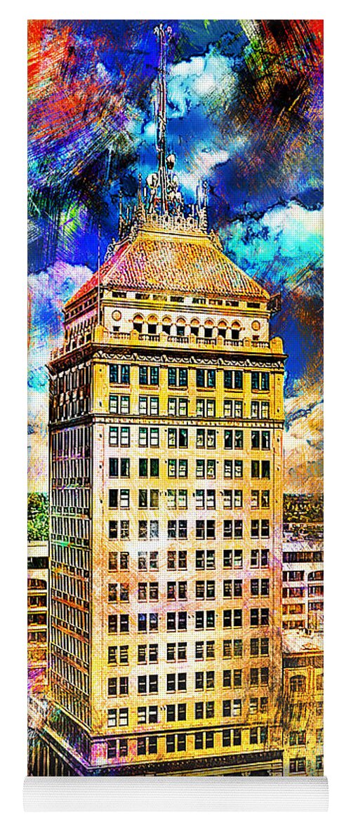 Pacific Southwest Building Yoga Mat featuring the digital art Pacific Southwest Building in Fresno - colorful painting by Nicko Prints