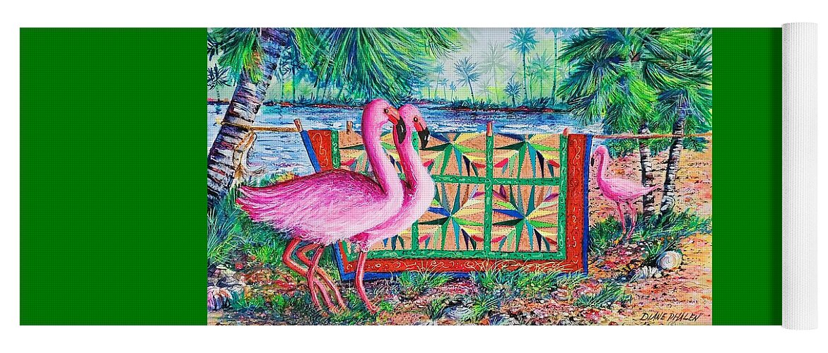 Palm Quilt Yoga Mat featuring the painting Palm Quilt Flamingos by Diane Phalen