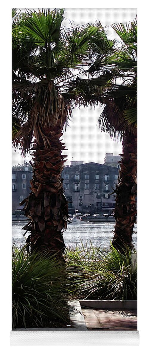Savannah Yoga Mat featuring the photograph Palm Trees on the Savannah Riverfront by Theresa Fairchild