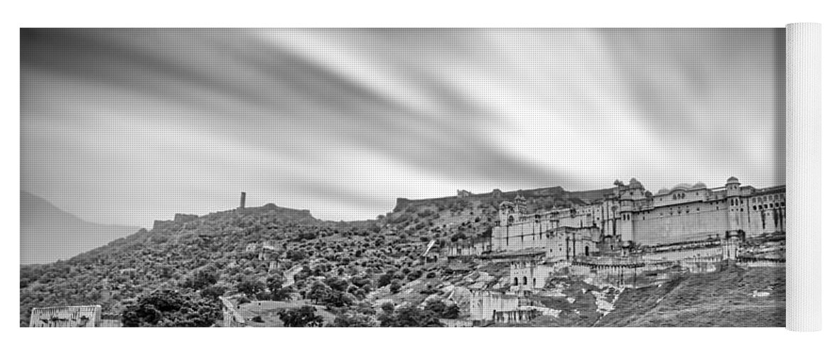 Amer Fort Yoga Mat featuring the photograph Panoramic view of Amer Fort - India Black and White by Stefano Senise