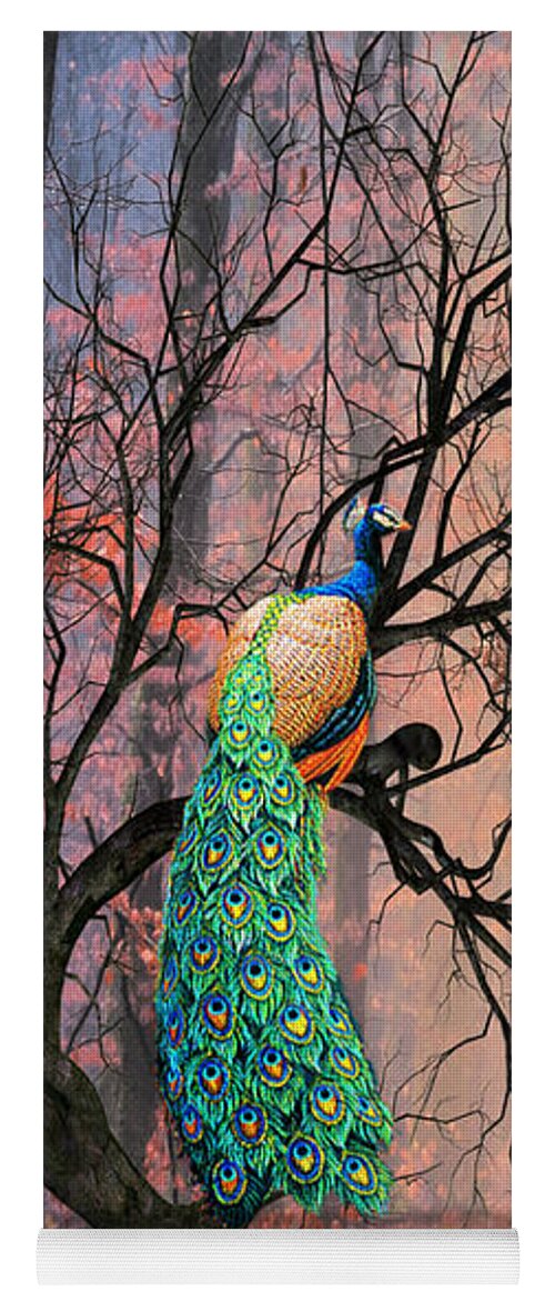 Autumn Yoga Mat featuring the mixed media Peacock in the Fall by Morag Bates