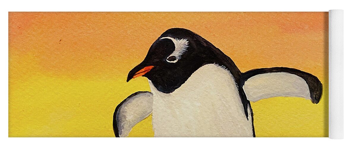 Penguin Yoga Mat featuring the painting Penguin at Sunset by Lisa Neuman
