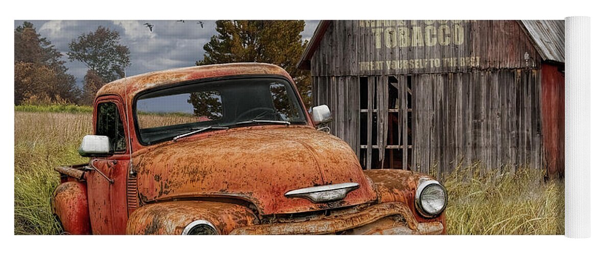 Chevy Yoga Mat featuring the photograph Pickup Truck and Mail Pouch Tobacco Barn by Randall Nyhof