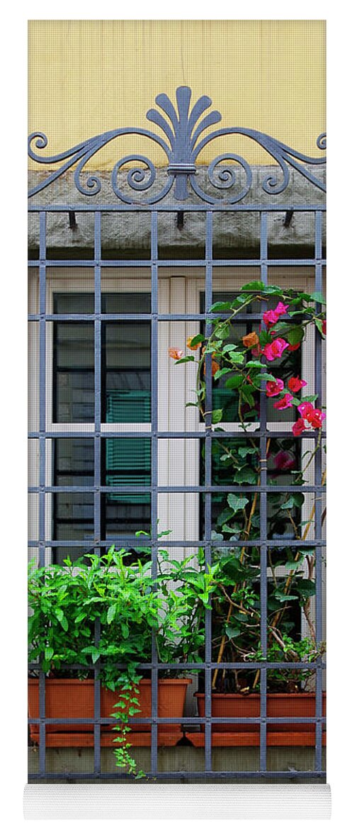 Lucca Yoga Mat featuring the photograph Picture Window - Window bars and flower pots on tis yellow wall in Lucca Italy by Kenneth Lane Smith