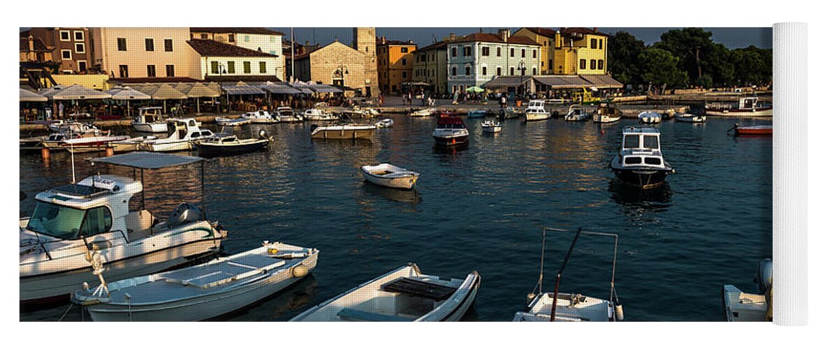 Accommodation Yoga Mat featuring the photograph Picturesque Village Fazana In Croatia With Old Church And Boats In Harbor by Andreas Berthold