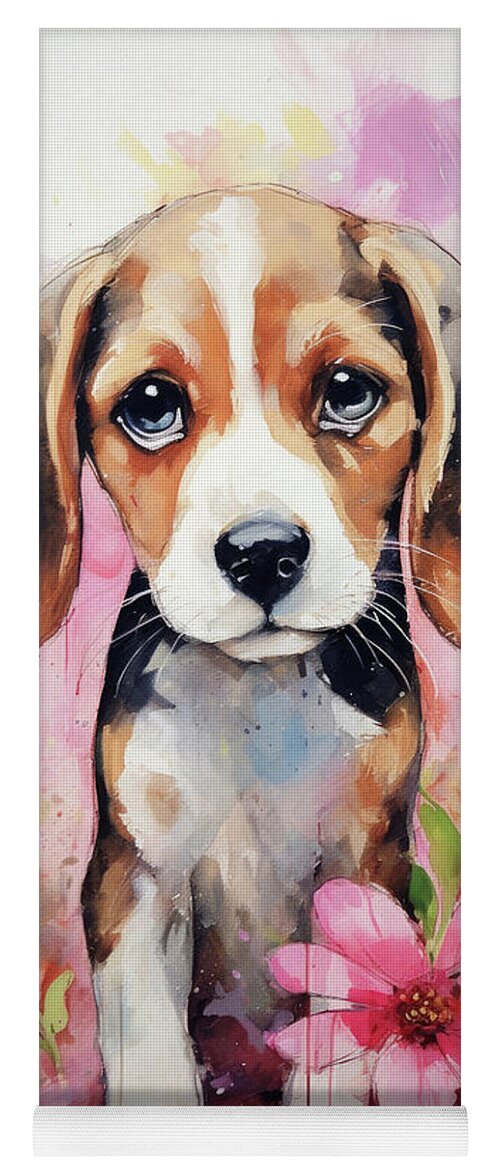Beagle Yoga Mat featuring the painting Pink Daisy Beagle by Tina LeCour