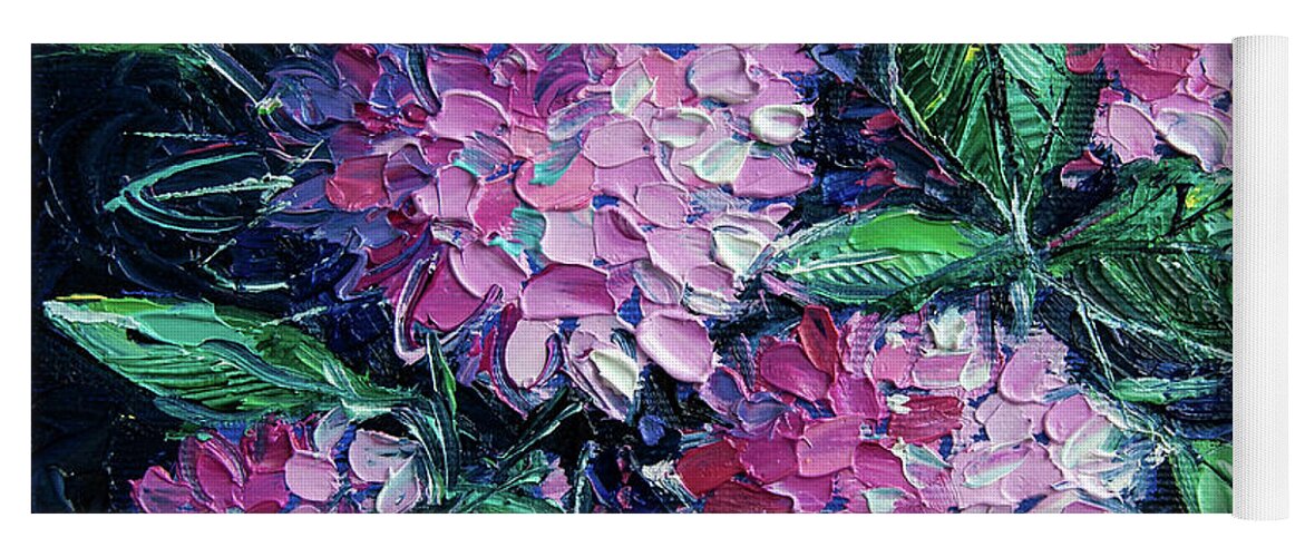 Pink Hydrangeas Yoga Mat featuring the painting PINK HYDRANGEAS commissioned palette knife oil painting Mona Edulesco by Mona Edulesco