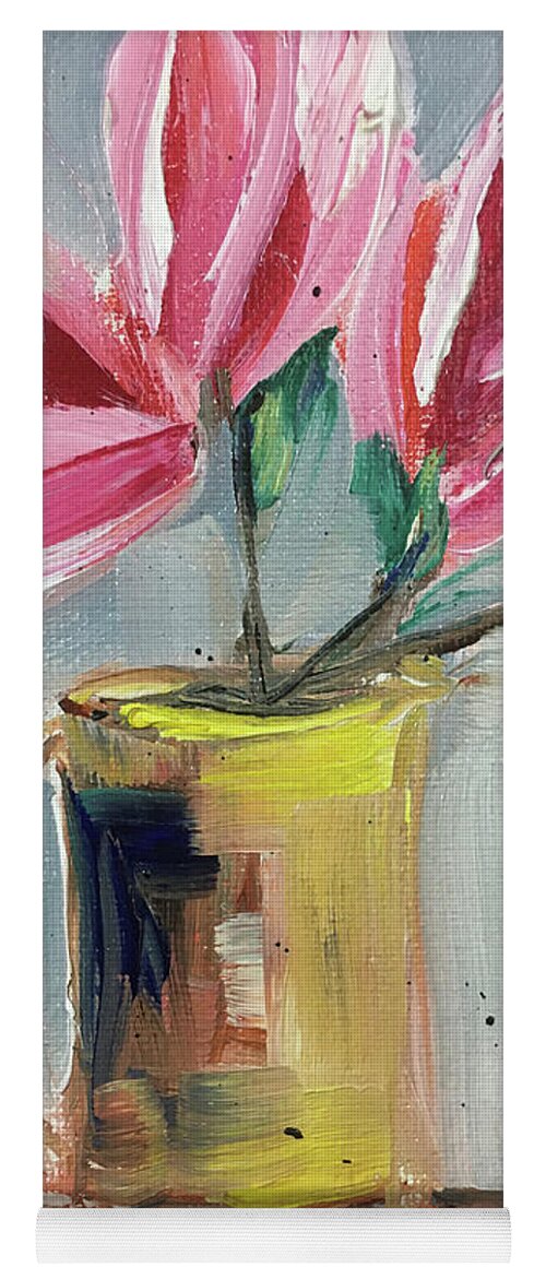 Magnolias Yoga Mat featuring the painting Pink Magnolias in a Yellow Porcelain Pitcher by Roxy Rich