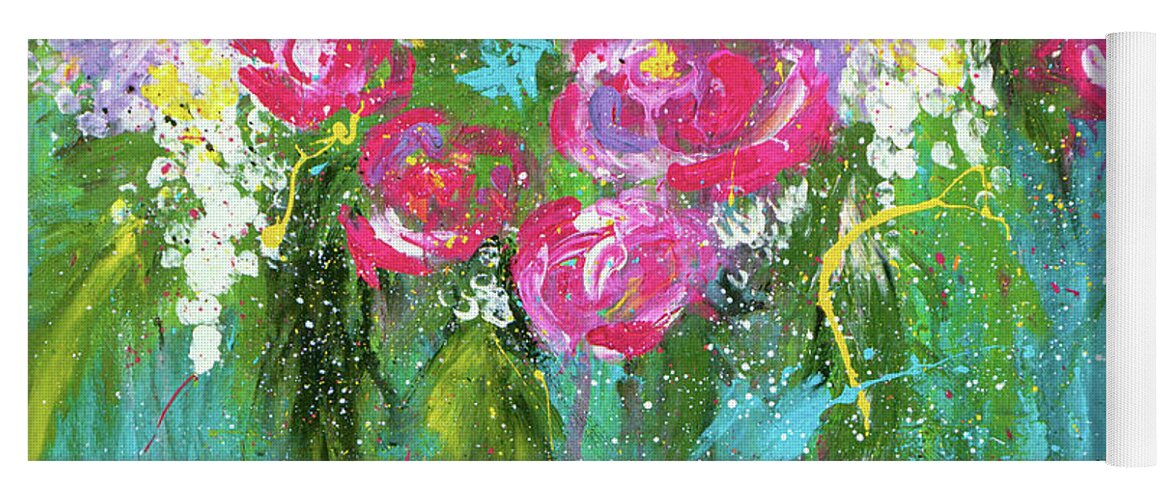 Pink Yoga Mat featuring the painting Pink Rose Bohemian Abstract Floral by Joanne Herrmann