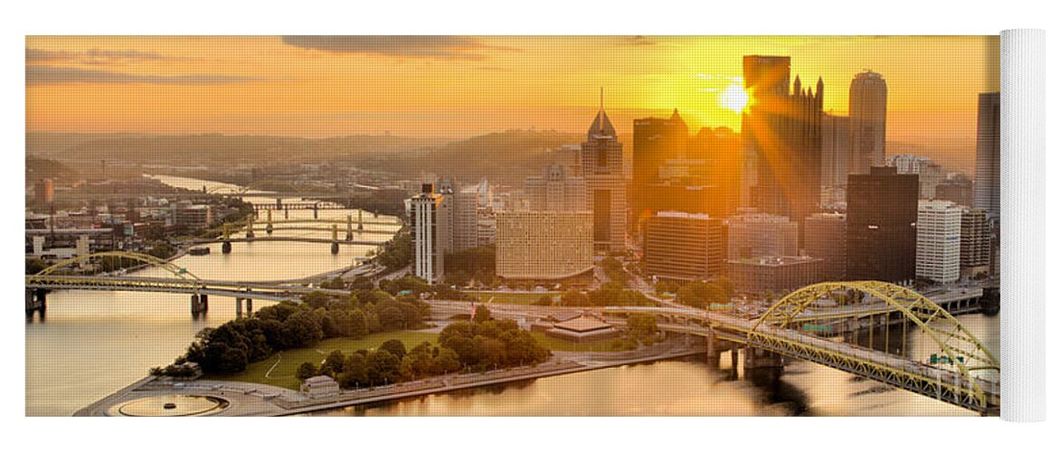 Pittsburgh Yoga Mat featuring the photograph Pittsburgh Summer Sunburst Sunrise Panrama by Adam Jewell
