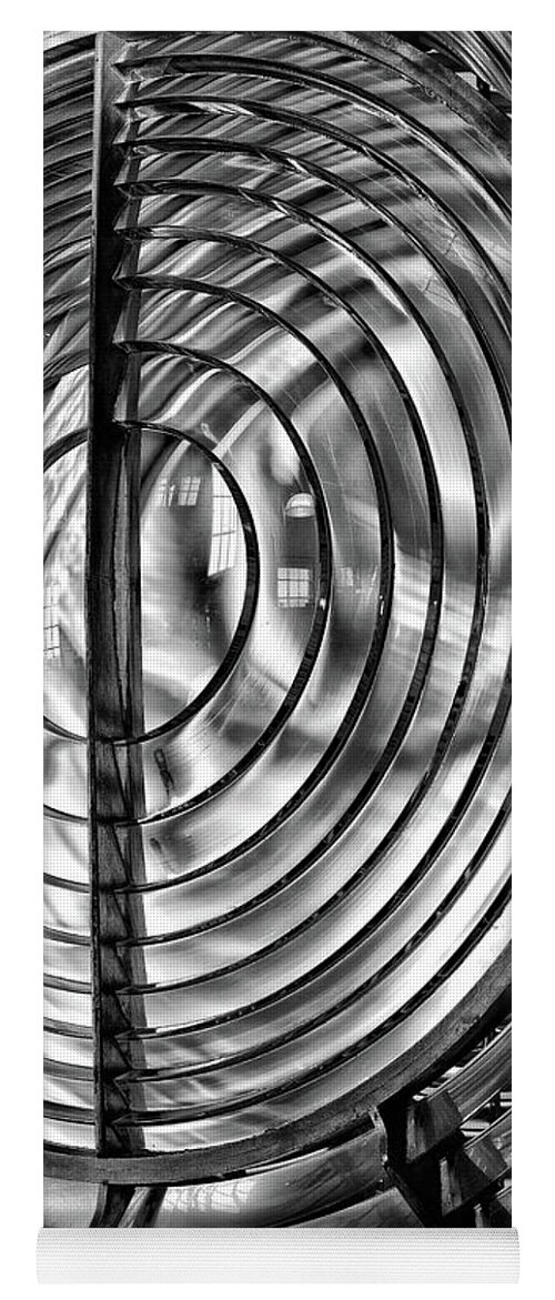 Fresnel Lens Yoga Mat featuring the photograph Point Arena Lighthouse Fresnel Lens Glass and Brass Black and White Abstract by Kathleen Bishop
