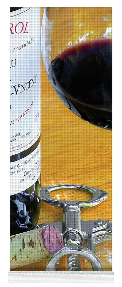 Wine Glass Yoga Mat featuring the photograph Wine Bottle, Glass and Corkscrew - Pomerol by Kenneth Lane Smith