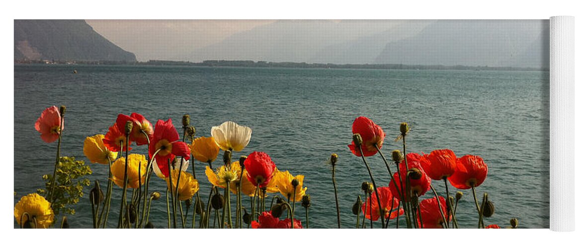 Poppies Yoga Mat featuring the photograph poppies on lake leman Switzerland by Joelle Philibert