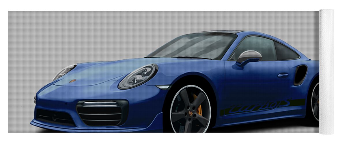 Hand Drawn Yoga Mat featuring the digital art Porsche 911 991 Turbo S Digitally Drawn - Dark Blue with side decals script by Moospeed Art