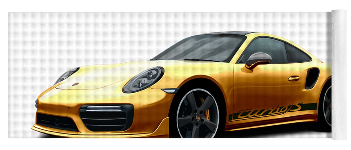 Hand Drawn Yoga Mat featuring the digital art Porsche 911 991 Turbo S Digitally Drawn - Gold with side decals script by Moospeed Art