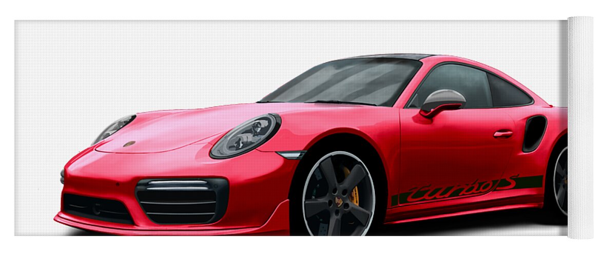 Hand Drawn Yoga Mat featuring the digital art Porsche 911 991 Turbo S Digitally Drawn - Red with side decals script by Moospeed Art