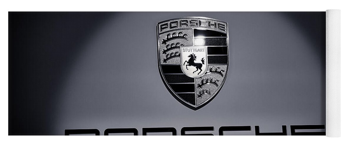 Porsche 911 Yoga Mat featuring the photograph Porsche Car Emblem isolated BW 2 by Stefano Senise