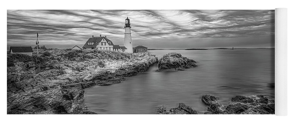 Portland Yoga Mat featuring the photograph Portland Head Light ME BW by Susan Candelario