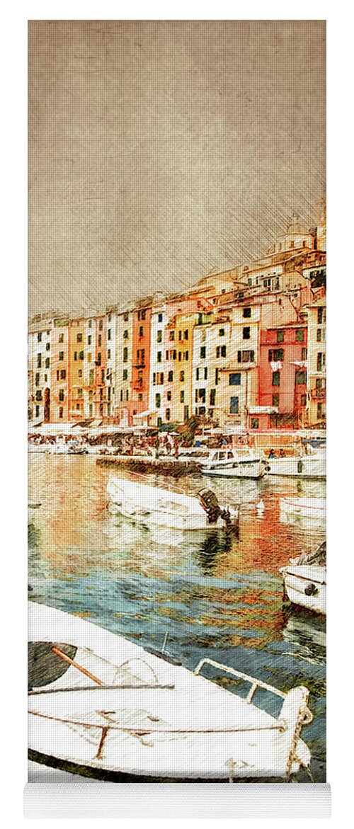 Portovenere Yoga Mat featuring the painting Portovenere Italy landscape painting #italy by Justyna Jaszke JBJart