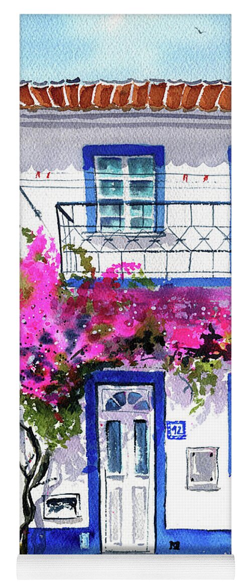 Portugal Yoga Mat featuring the painting Portuguese House with Bougainvillea Painting by Dora Hathazi Mendes