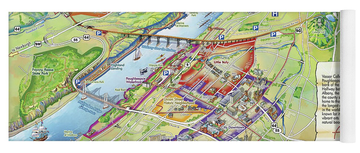 Vassar College Yoga Mat featuring the digital art Poughkeepsie and Vassar College Illustrated Map by Maria Rabinky