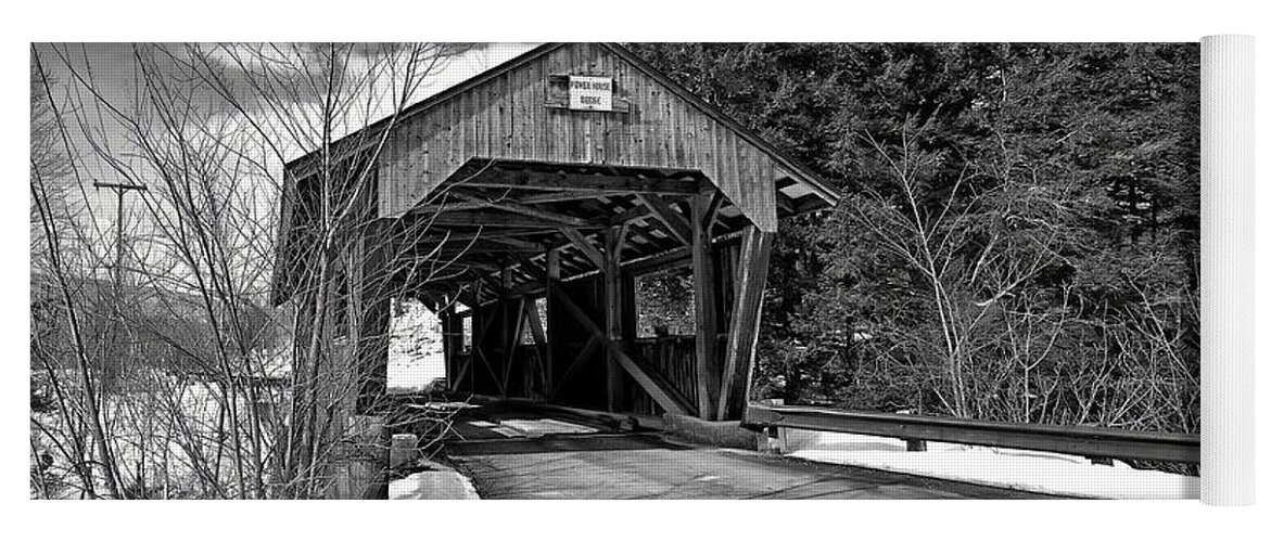 Black And White Yoga Mat featuring the photograph Powerhouse Covered Bridge by Steve Brown