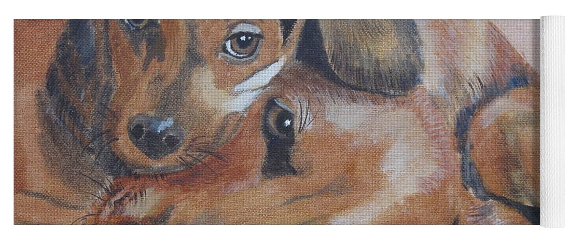 Pets Yoga Mat featuring the painting Puppies Cuddling by Kathie Camara